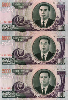 North Korea Uncut Sheet (3) 5000 Won P46 Unc