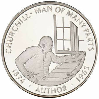 Falkland Islands, 50 Pence Churchill - Man of Many Parts 'Author' Silver Piedfort Crown_obv