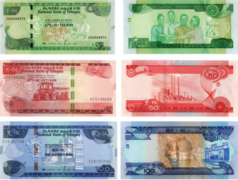 Ethiopia 10,50 & 100 Birr (3 Values) Unc