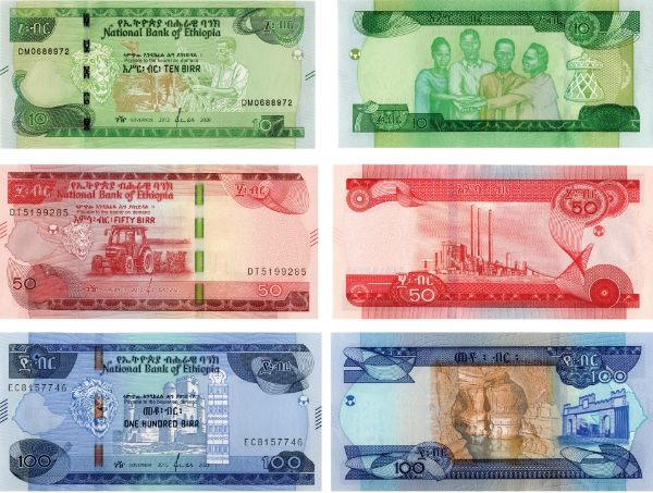 Ethiopia 10,50 & 100 Birr (3 Values) Unc