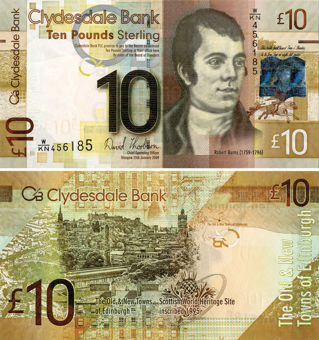 Clydesdale Bank £10 2009 -14  Robert Burns Thorburn P229J Unc