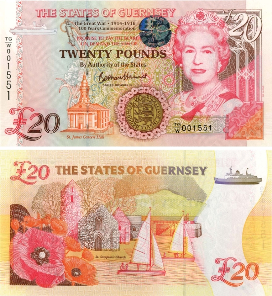 Guernsey £20 nd (2018) P63 TG/W Great War 100 Years Unc