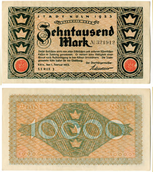 Germany Koln 10000 Marks 1923 Adenauer