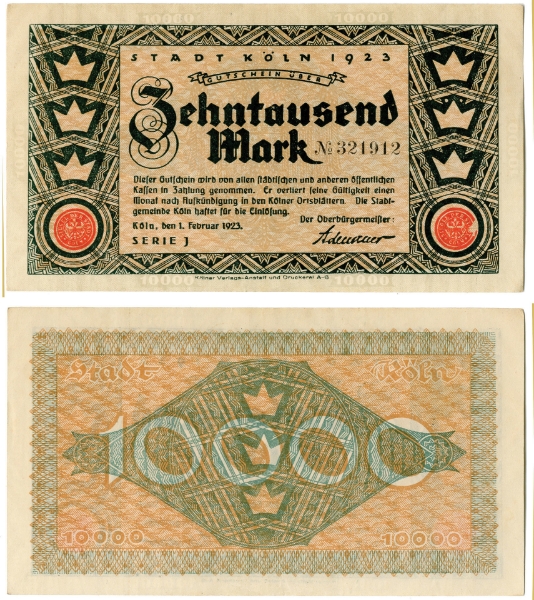 Germany Koln 10000 Marks 1923 Adenauer