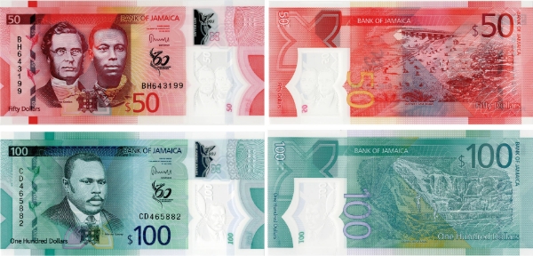 Jamaica 50 & 100 Dollars 2022 P-New Polymer Pair