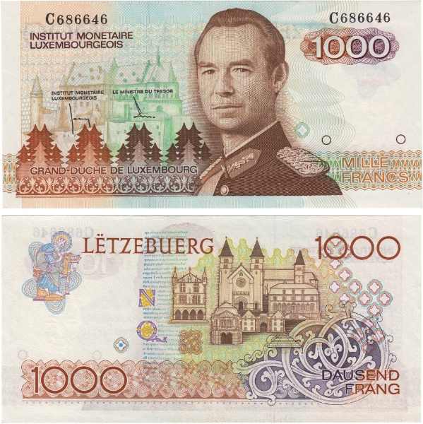 Luxembourg 1000 Francs (1985) P59 Crisp EF/EF+