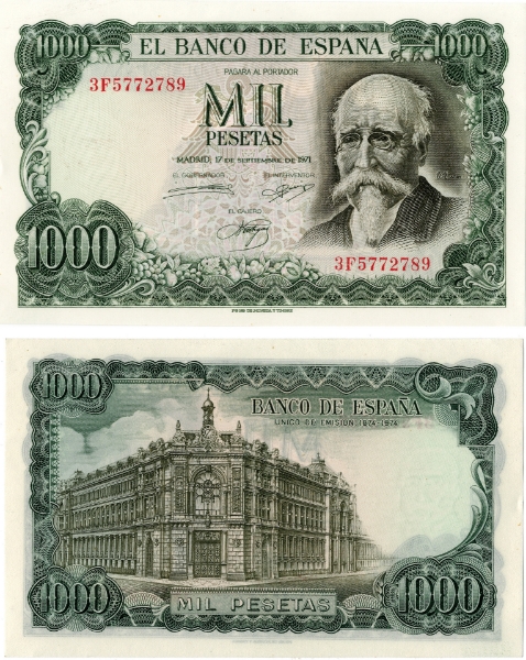 Spain 1000 Pesetas 1971 (1974) P154 AUnc