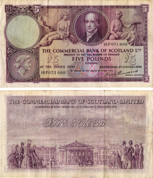Picture of Commercial Bank Scotland £5 1947-53 PS333 Fine/GF