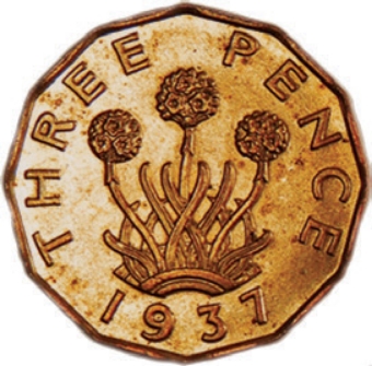 George VI Brass Threepence 1937 UNC plus Coronation Mint Stamp_rev