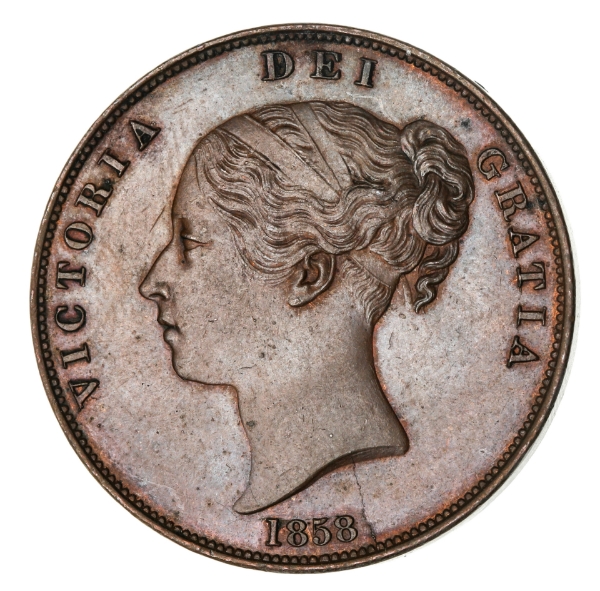 Victoria, Penny, 1858 Ornamental Trident, Almost Uncirculated_obv