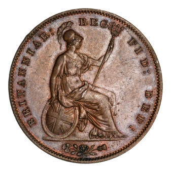 Victoria, Penny, 1858 Ornamental Trident, Almost Uncirculated_rev