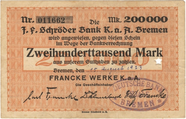 Germany Bremen  200,000 Marks 1923 VF-EF