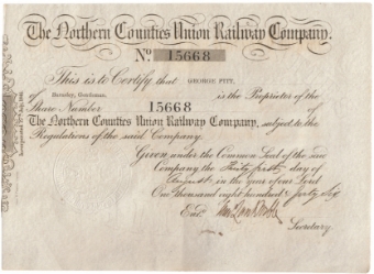 Northern Counties Union Railway Company Share Cert 1846