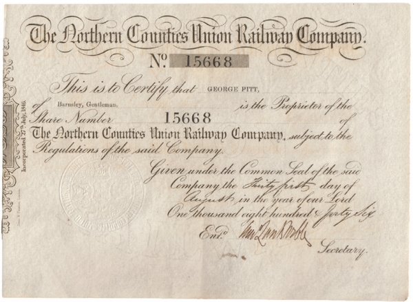 Northern Counties Union Railway Company Share Cert 1846