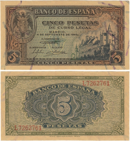 Spain 5 Pesetas 1940  P123a AUnc