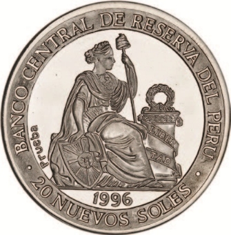 Peru, Pattern 20 Soles 1996, Running, Type 3 reverse, Aluminum Proof, milled edge.