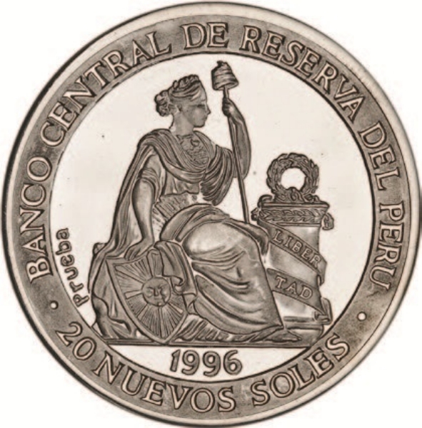 Peru, Pattern 20 Soles 1996, Running, Type 3 reverse, Aluminum Proof, milled edge.