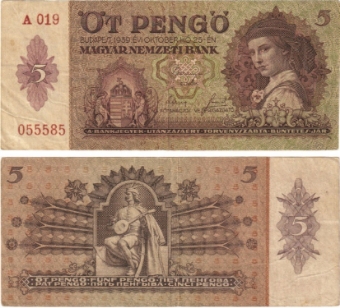 Hungary 5 Pengo 1939 P106  VF & Better