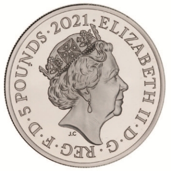 Elizabeth II, Gothic Crown Quartered Arms 2021 2oz £5 Silver Proof_obv