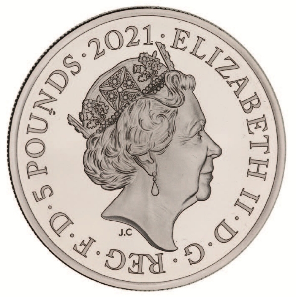 Elizabeth II, Gothic Crown Quartered Arms 2021 2oz £5 Silver Proof_obv